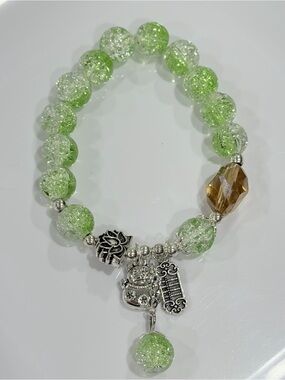 Prosperity and Luck Lotus Green Crackle Glass Beaded Charm Stretch Bracelet